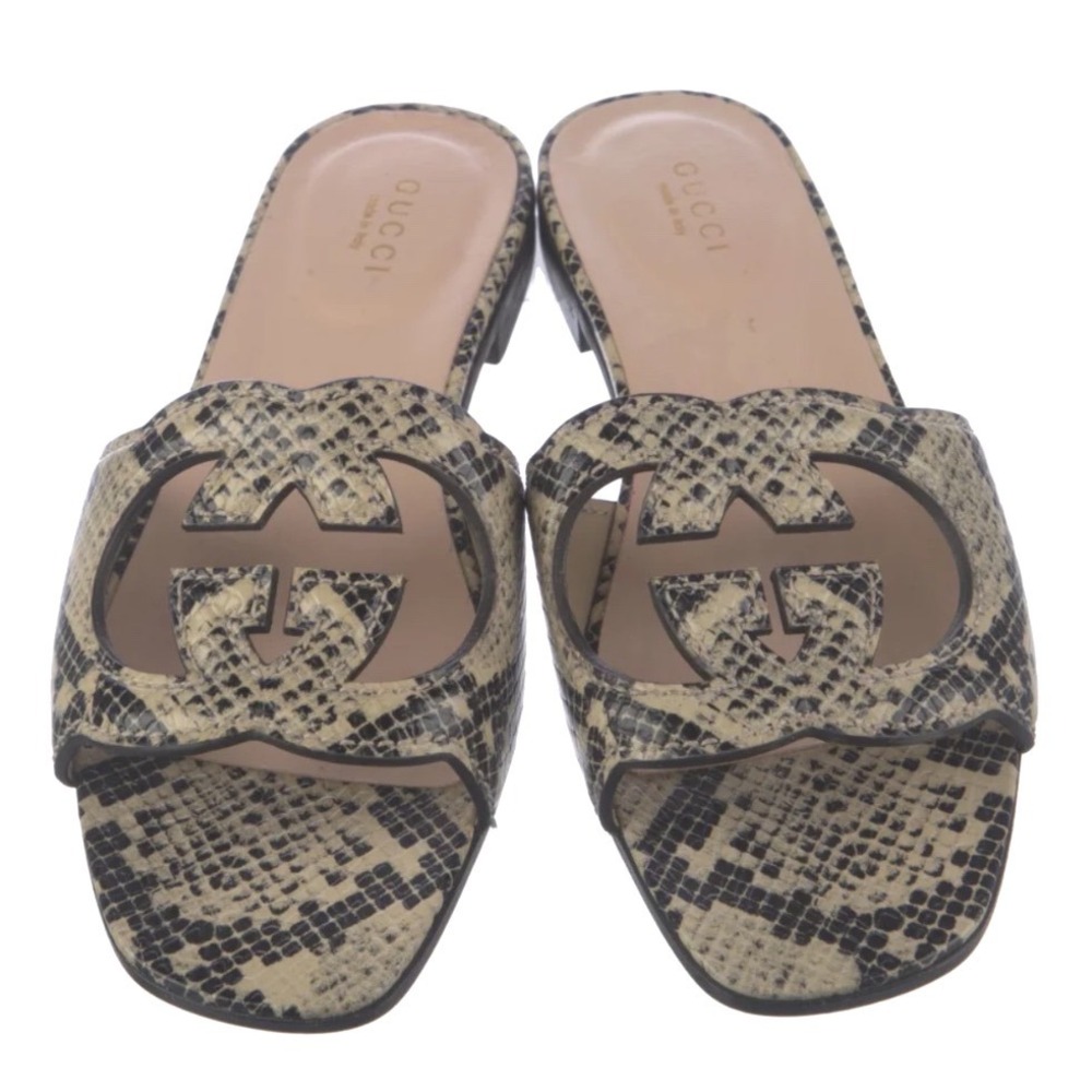 Gucci Interlocking G Snakeskin Print Slide Sandals Beige‎ Black Flat 37 EU Italy